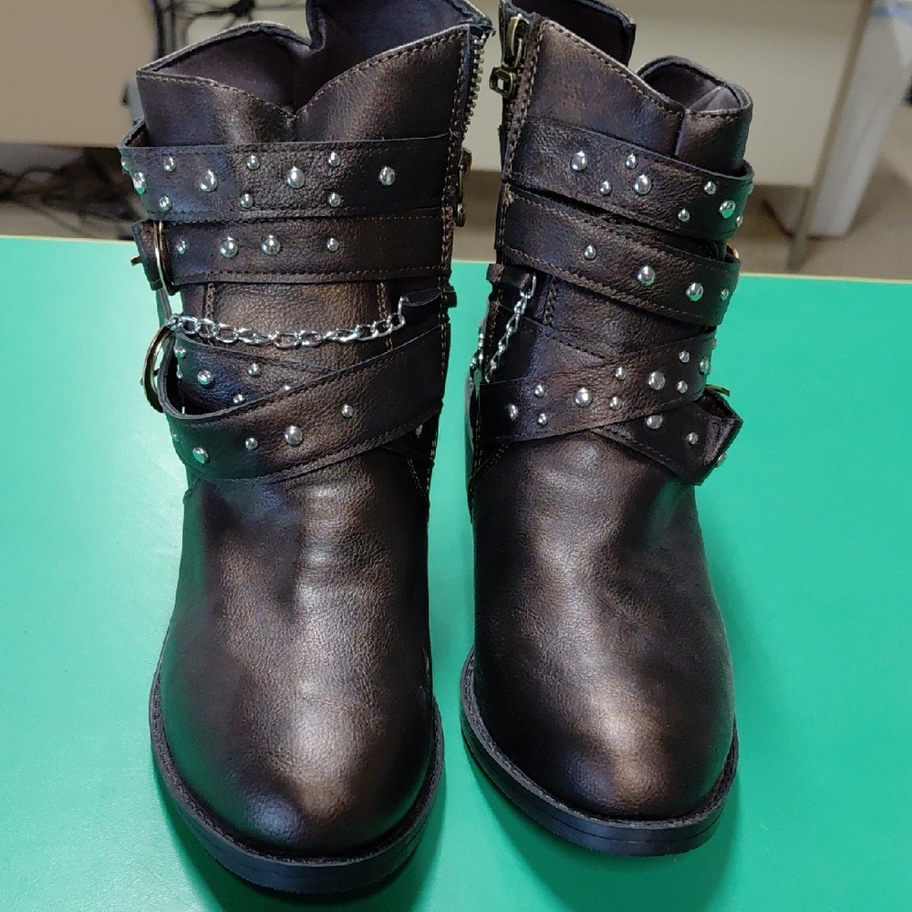 Studded Strap Black Ankle Booties with Chain Detail
